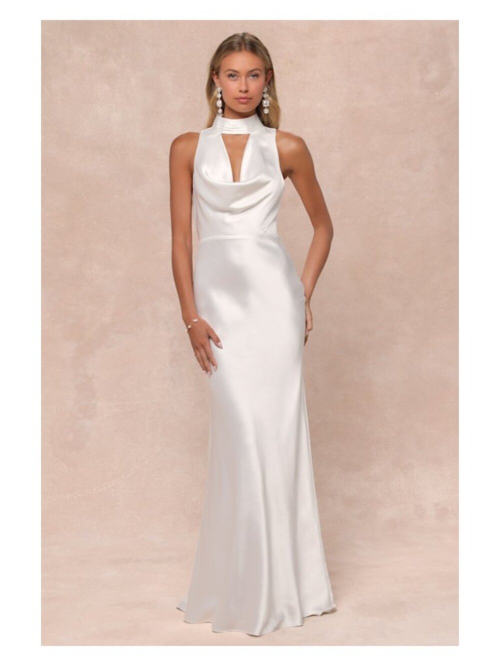 Gorgeous Vow White Satin Mock Neck Cowl Mermaid Maxi Dress Size Medium NWT